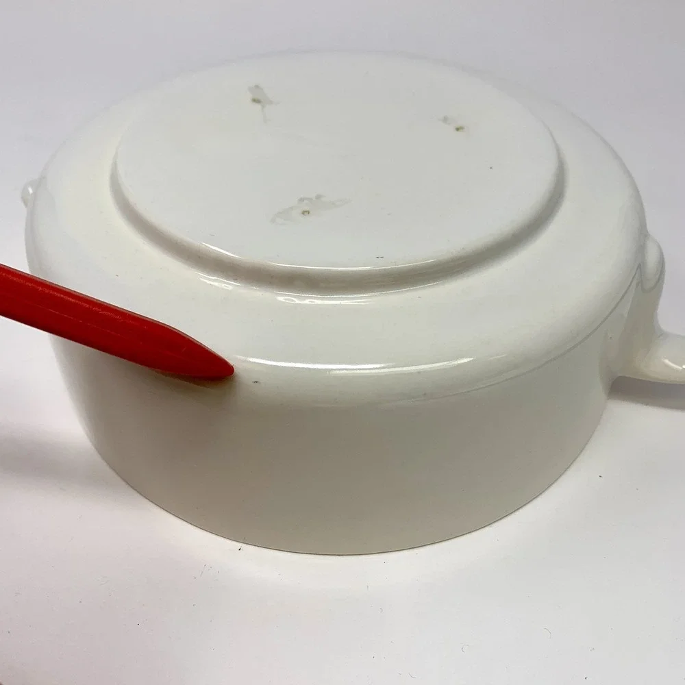 Mid Century Ceramic White Orange Lidded Serving Dish Domed Lid Textured Handles